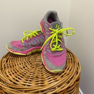 Under Armor tennis shoes, pink and green, girl youth size 4
